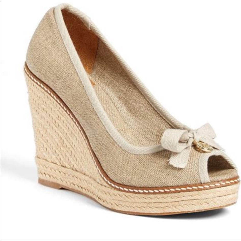 {Tory Burch} Linen Canvas Jackie Espadrille Wedges